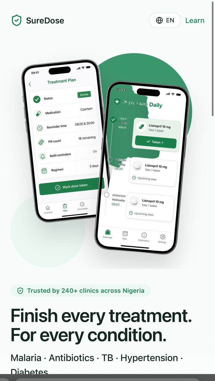 SureDose adherence app — treatment plan UI